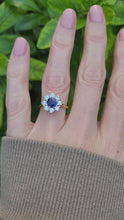 Load and play video in Gallery viewer, 9107: Vintage Exceptional 18ct Gold Blue Sapphire Round Cut Diamonds (1ct) Flower Head Ring
