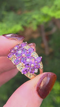 Load and play video in Gallery viewer, 6253 Vintage:  14ct Gold Amethysts, Peridots, Diamond&#39;s Cluster Cocktail Ring- Suffragette Colours
