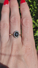 Cargar y reproducir el video en el visor de la galería, 1745: Vintage: 9ct Gold French Blue Sapphire Diamonds Cluster Ring- From 1975
