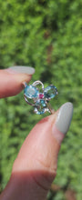Load and play video in Gallery viewer, 1775: Vintage: 9ct White Gold Topaz Ruby Eclectic Dress Ring- totally captivating
