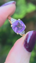 Load and play video in Gallery viewer, 2235 Vintage: 9ct Gold Cushion Cut Lilac Amethyst Diamond Dress Ring
