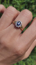 Cargar y reproducir el video en el visor de la galería, 1880: Vintage: 18ct Gold Blue Sapphire 16 Diamonds Dress Ring- She is exquisite

