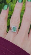 Load and play video in Gallery viewer, 0144: Vintage: 9ct Gold Emerald Cut Emerald 14 Diamonds Square Set Ring
