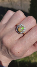 Load and play video in Gallery viewer, 1743: Vintage: 9ct Gold Fire Opal White Sapphires Cluster Ring- fantastic colours
