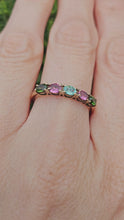 Load and play video in Gallery viewer, 1578: Vintage: 9ct Gold Aquamarine, Tsavorites, Rubellites Stacker Ring- rare, perfectly paired
