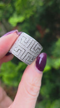 Load and play video in Gallery viewer, 6330 Vintage: 9ct White Gold Large Greek Key Natural Sparkling Diamonds Statement Ring
