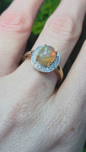 Load and play video in Gallery viewer, 2737: Vintage: 9ct Gold Fire Opal White Sapphires Cluster Ring- fantastic colours
