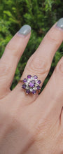 Load and play video in Gallery viewer, 1548: Vintage: 9ct Gold Amethysts Diamonds Flowerhead Cluster Ring- delightful
