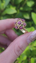 Load and play video in Gallery viewer, 7476: Vintage; 18ct Gold 7 Rubies Floral Cluster Cocktail Ring- geometric set
