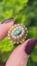 Load and play video in Gallery viewer, 2681: Vintage 9ct Gold Turquoises Seed Pearls Open Work Cocktail Ring- From 1967
