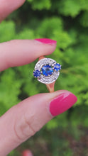 Load and play video in Gallery viewer, 9102: Antique: 18ct Gold Art Deco Cornflower Blue Sapphires Diamonds Geometric Set Ring - almost 100 years
