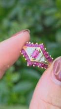 Cargar y reproducir el video en el visor de la galería, 0714: Vintage: 14ct Gold Art Deco Style Rubies Diamonds Cluster Ring- striking design
