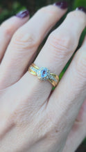 Load and play video in Gallery viewer, 6492 Vintage: 18ct Gold Ceylon Blue Sapphire 18 Diamonds Dress Ring
