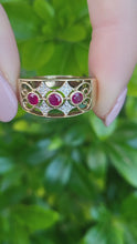 Load and play video in Gallery viewer, A8124: Vintage: 9ct Gold Rubies Diamonds Geometric Set Band- openwork design- superb
