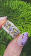 Load and play video in Gallery viewer, 2938- Vintage 9ct Gold Iolites Natural Sparkling Diamonds Flower Head Cocktail Ring
