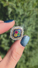 Load and play video in Gallery viewer, Vintage: 18ct Gold Art Deco Style  Harlequin Multi-Gem Diamonds Cluster Ring- Rainbow beauty
