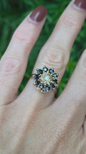 Load and play video in Gallery viewer, 2121: Vintage: 9ct Gold Diamond Blue Sapphires Diamonds Flower Head Ring- from 1980
