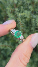 Load and play video in Gallery viewer, 2299 Vintage: Platinum Emerald (1.19ct) Diamonds (0.30ct) 3-Stone Ring
