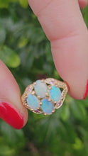 Load and play video in Gallery viewer, 1306: Vintage: 9ct Gold Geometric Set White Opals Rubies Dress Ring- beautifully paired
