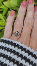 Load and play video in Gallery viewer, A7536: Vintage: 18ct Gold 9 French Blue Sapphires 8 Diamonds Floral Cluster Ring- lovely symmetry
