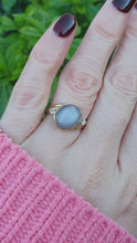 Load and play video in Gallery viewer, 7060: Vintage: 9ct Gold Large White Moonstone Sapphire Accents Cocktail Ring- lovely colours
