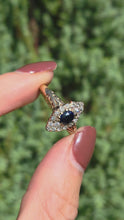 Cargar y reproducir el video en el visor de la galería, 2139: Vintage; 18ct Gold Art Deco Marquise Sapphire Diamonds Cluster Ring
