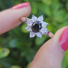 Load and play video in Gallery viewer, 0261: Vintage: 9ct White Gold Black &amp; White Diamonds Floral Cluster Ring.
