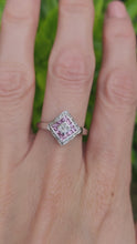 Load and play video in Gallery viewer, 8269: Vintage 9ct White Gold Art Deco Style Pink Sapphires Diamonds Panel Ring
