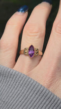 Load and play video in Gallery viewer, 0601: Vintage 9ct Gold Openwork Marquise Cut Purple Sapphire Dress Ring
