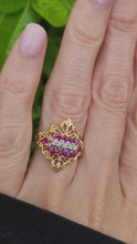 Load and play video in Gallery viewer, A8071: Vintage: Dramatic 14ct Gold Openwork 12 Rubies 5 Diamonds Cocktail Ring
