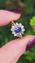 Load and play video in Gallery viewer, 6315  Exceptional 18ct Cornflower Blue Sapphire Diamonds Flower Head Ring- From 1988
