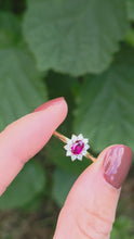 Cargar y reproducir el video en el visor de la galería, 1959: Vintage: 18ct Gold Pidgeon Blood Ruby Natural Diamonds (0.25ct) Cluster Ring- exudes quality
