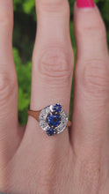 Load and play video in Gallery viewer, 9102: Antique: 18ct Gold Art Deco Cornflower Blue Sapphires Diamonds Geometric Set Ring - almost 100 years
