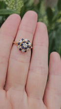 Load and play video in Gallery viewer, 1498: Vintage: 18ct Gold French Blue Sapphires Diamonds Flower Head Cluster- superb quality
