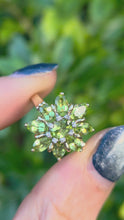 Cargar y reproducir el video en el visor de la galería, 2298 Vintage: 9ct Gold Peridots Natural Diamonds Floral Cluster Ring
