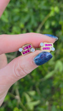 Load and play video in Gallery viewer, 2727: Vintage 18ct Gold Rubies &amp; Diamonds Geometric Set Stud Earrings
