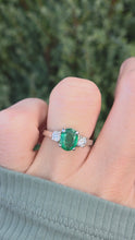 Load and play video in Gallery viewer, 2299 Vintage: Platinum Emerald (1.19ct) Diamonds (0.30ct) 3-Stone Ring
