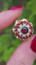 Load and play video in Gallery viewer, 1420: Vintage: 9ct Gold Garnets Seed Pearls Flower Head Ring- From 1973
