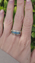 Load and play video in Gallery viewer, 7551: Vintage: 9ct Gold 5 Swiss Blue Topaz 18 Diamonds Cocktail Ring- lovely combination, crisp eye candy
