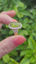 Load and play video in Gallery viewer, 0023: Vintage: 18ct Gold Voluptuous Peridot Brilliant Cut Diamonds Cluster Ring
