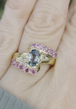 Load and play video in Gallery viewer, 6265 Vintage: 9ct Gold Pink &amp; Green Sapphires Blue Zircon Cocktail Ring
