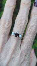 Load and play video in Gallery viewer, 6360 Vintage: 18ct Gold Almandine Garnet Diamonds 3-Stone Straight Ring
