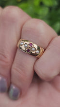 Load and play video in Gallery viewer, 3250: Antique 1890: 15ct Gold Rubies Pearls Dress Ring- 134 years old
