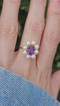 Load and play video in Gallery viewer, 1358: Vintage 9ct Gold Amethyst Pearls Flower Head Ring- finest quality
