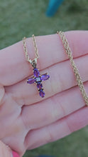 Load and play video in Gallery viewer, 0817: Vintage: 9ct Gold Necklace (40cm) Amethysts Diamond Cross Pendant- exquisite
