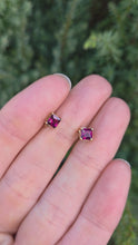 Load and play video in Gallery viewer, Vintage: Petite 9ct Gold Princess Cut Almandine Garnet Stud Earrings
