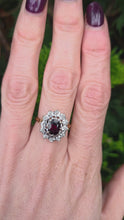 Load and play video in Gallery viewer, 6350: Vintage: 18ct Gold Rich Red Garnet 12 Diamonds Diana Style Cluster Ring - From 1972
