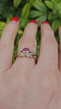 Cargar y reproducir el video en el visor de la galería, 0740: Vintage: 9ct Gold Ruby 12 Diamonds Dress Ring -curvaceous, sparkling
