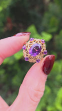 Load and play video in Gallery viewer, 2437: Vintage: Statement 9ct Gold Openwork Amethysts Openwork Ring- From 1975

