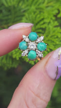 Cargar y reproducir el video en el visor de la galería, 2913: Vintage Old : 18ct Gold Turquoise Diamonds Flowerhead Ring- sparkling symmetr
